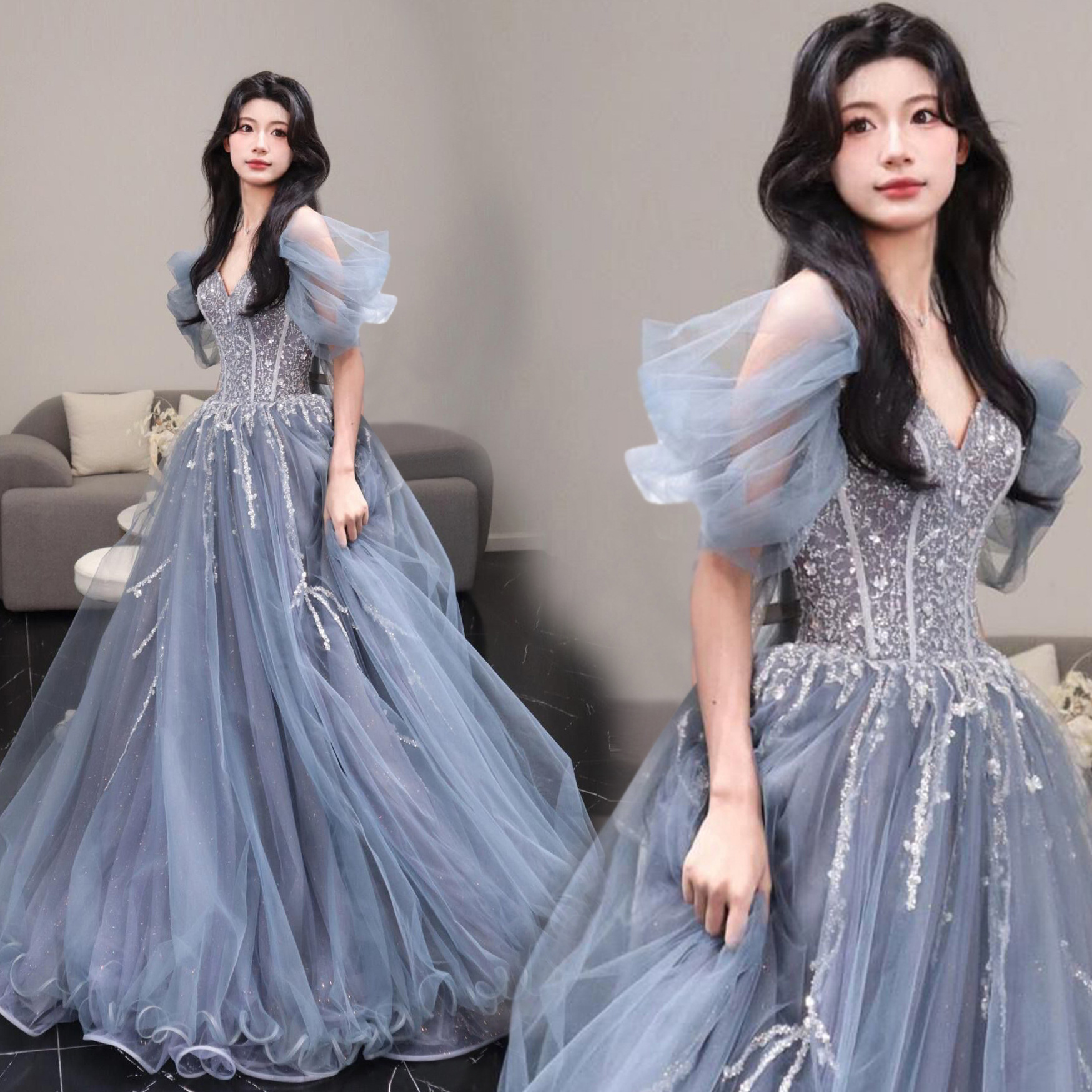 2026 Summer Blue V-Neck Puff Sleeve Evening Party Annual Meeting Choir Performance Host High-End Wedding Dress Gown