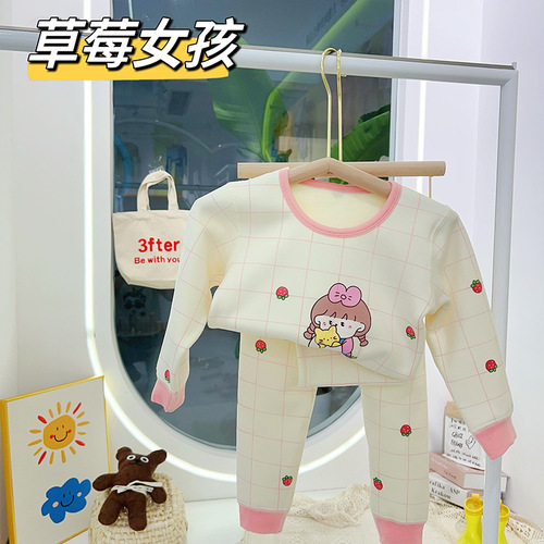 One-piece children's warm padded innerwear set with milk silk and cherry blossom fleece, suitable for both boys and girls, factory wholesale.