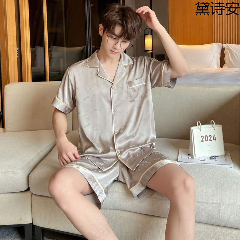 Daisian Men's Pajamas Summer Ice Silk Short-Sleeve Shorts Thin New Style Bear Print Spring and Summer Silk Loungewear Set