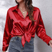 新款跨境真丝长袖时尚衬衣现货6衬衫女仿17欧美缎面色色丁女装