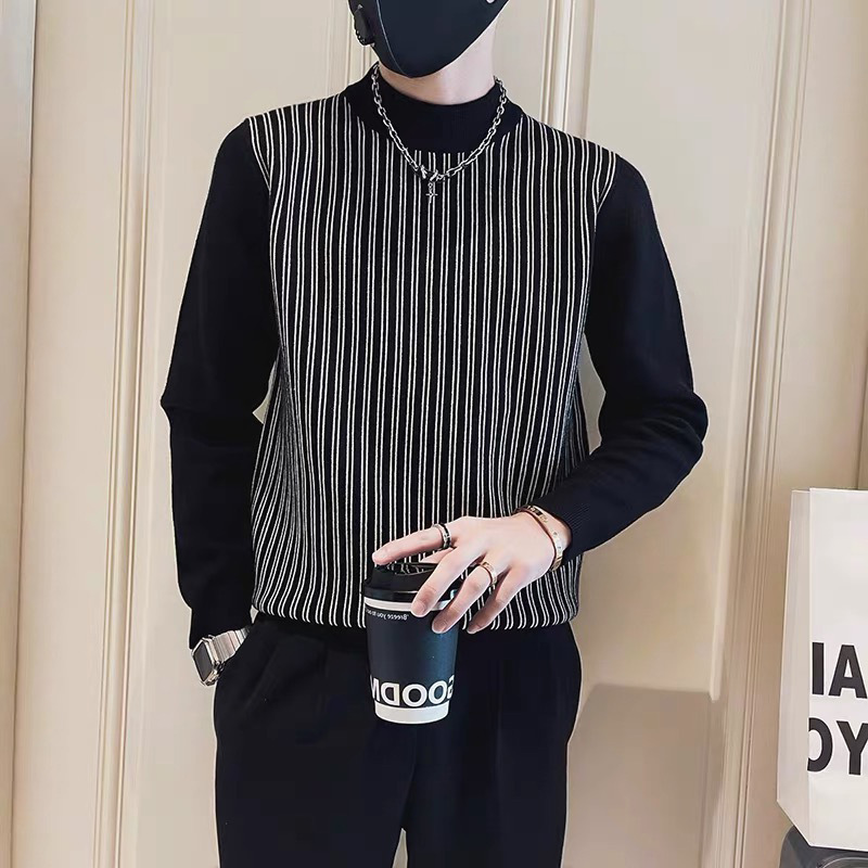 Designed Striped Knitwear for Men in Autumn and Winter Long-Sleeved Bottoming Shirts, Handsome Round Neck Knitwears for Men, Trendy Brand Knitwears
