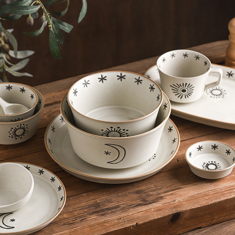 Sun, Moon, Stars Tableware Set: Japanese-Style Rustic Ceramic Bowls and Plates Set, High-Value Rice Bowls, Dish Plates, and Large Soup Bowls Sun, Moon, Stars Tableware Set: Japanese-Style Rustic Ceramic Bowls and Plates Set, High-Value Rice Bowls, Dish Plates, and Large Soup Bowls