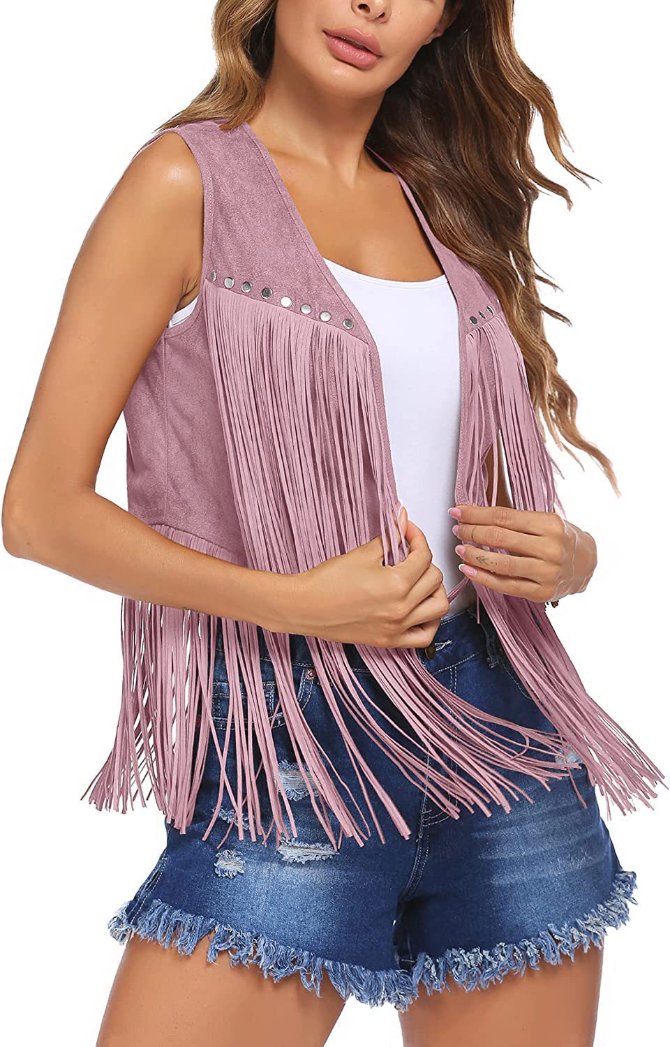 Cappotto da donna con frange in pelle di daino in velluto sbottonato di media lunghezza_voghion.com