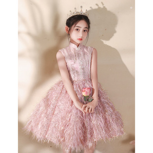 Pink Girls' Dress Light Luxury Niche High-end Birthday Princess Dress Children's Piano Performance Dress Show Host