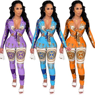 SJ3323 new pattern In women Long sleeve Frenum Women's wear location printing Two piece set