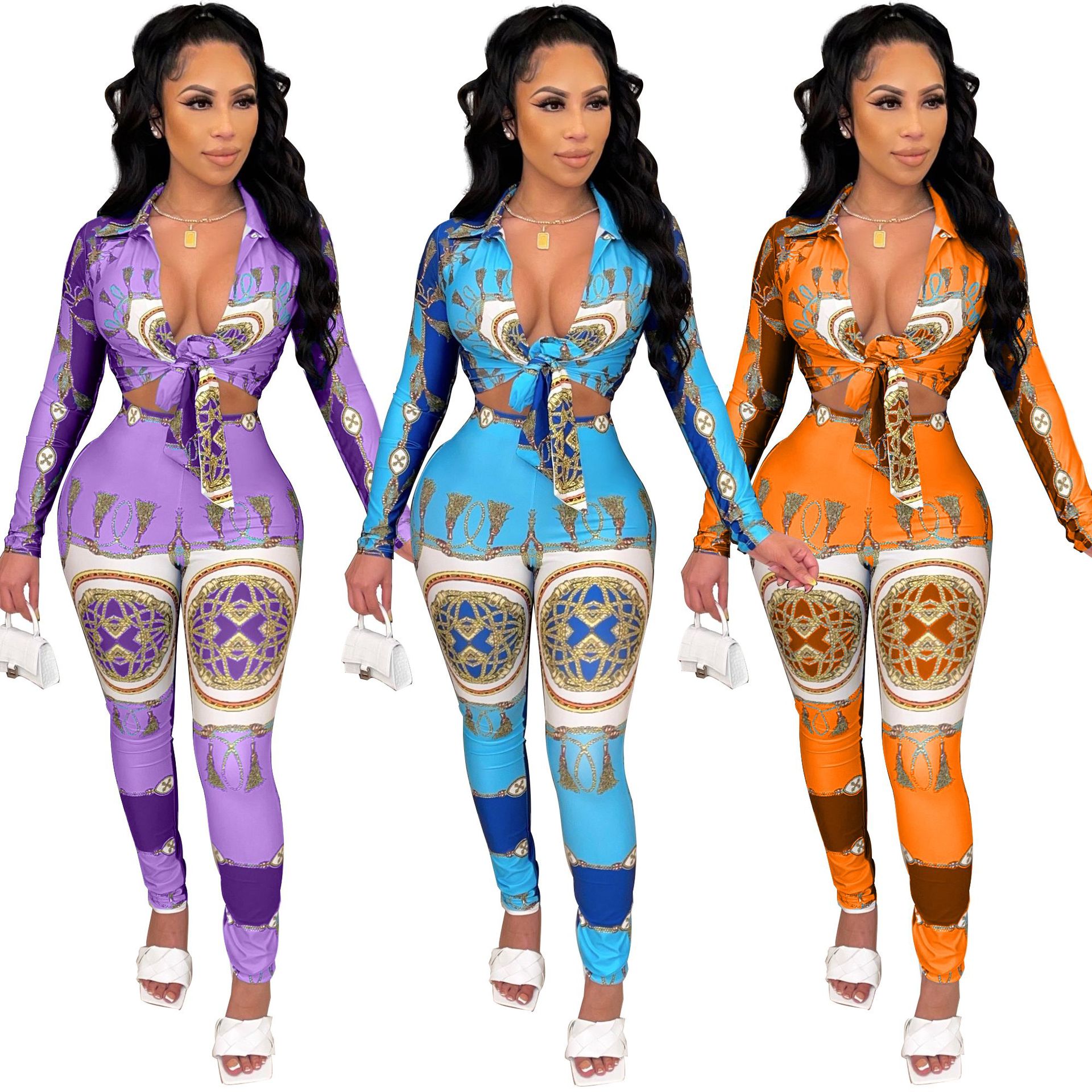 SJ3323 new pattern In women Long sleeve Frenum Women's wear location printing Two piece set