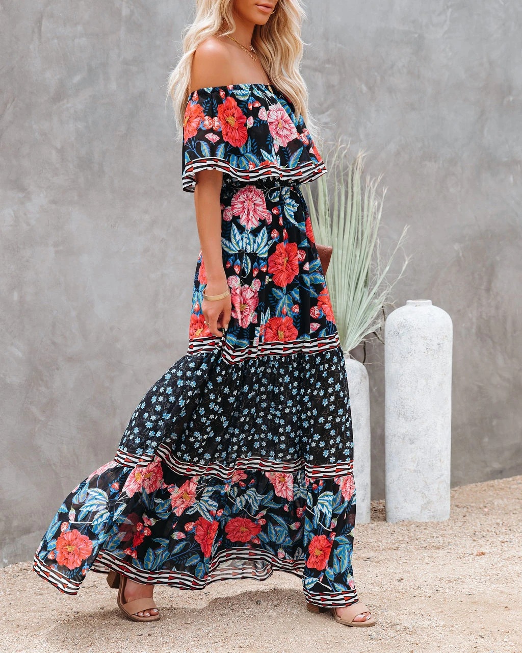 Women's Swing Dress Vacation Boat Neck Printing Sleeveless Flower Maxi Long Dress Daily display picture 2