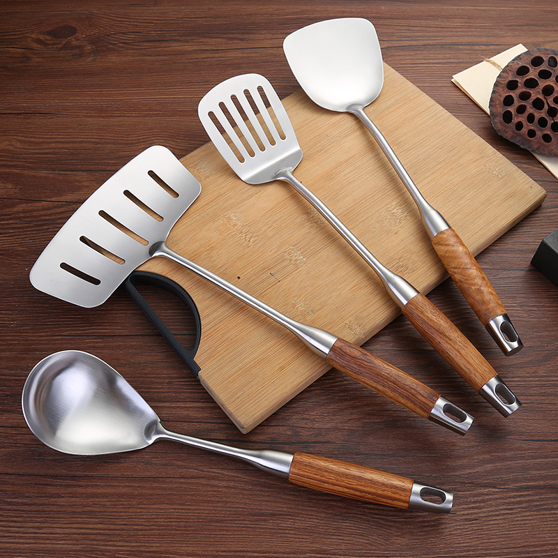 304 espátula de acero inoxidable pera flor mango de madera cocina 6 piezas cuchara de sopa espátula de fideos gran drenaje cuchara de arroz espátula de pescado