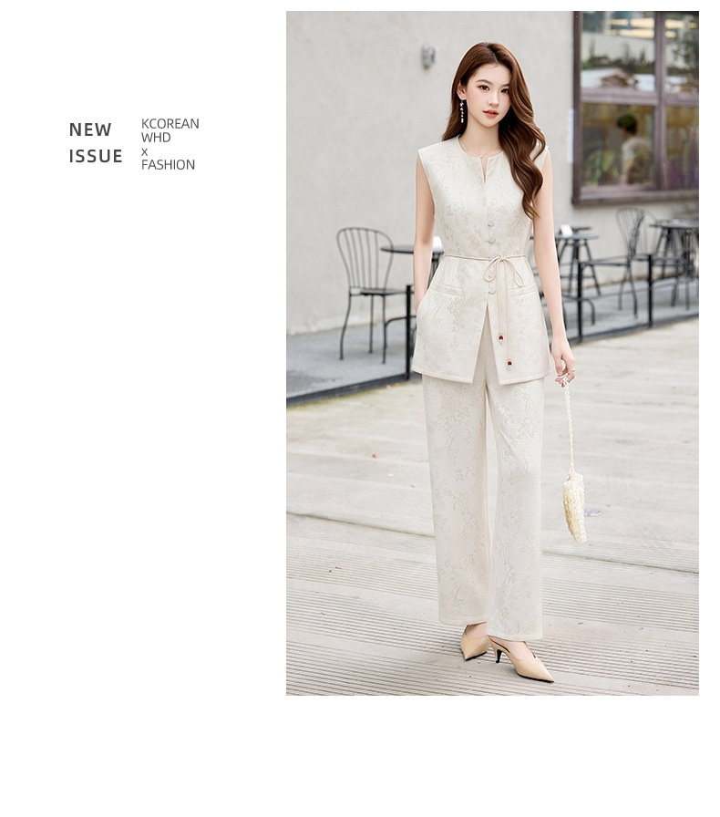 Bộ quần áo hai mảnh nữ phong cách tân cổ điển Trung Hoa – áo gile họa tiết jacquard kết hợp quần ống rộng — màu đen, màu trắng, màu vàng chi tiết 23