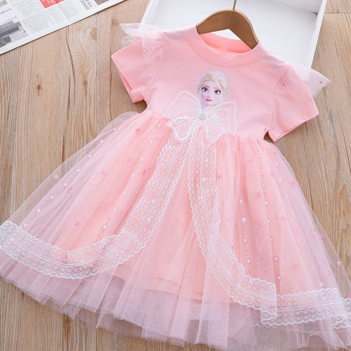 Girls Summer Dress 2024 New Style Bingbing Elsa Princess Dress Children's Puffy Mesh Dress