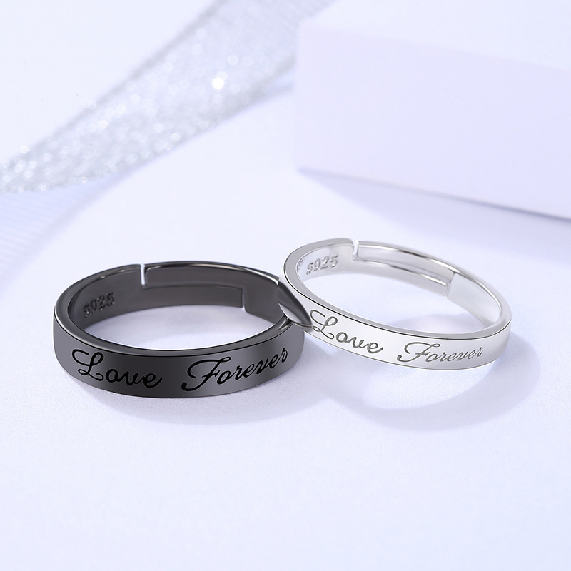 Couple Rings Black and White Pair of English Letters Index Finger Ring Fashionable Simple Open Ring Men and Women Valentine's Day Gift