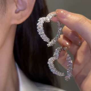 轻奢重工爱心耳环女小众设计满钻锆石树叶耳钉前后两戴高级感耳环