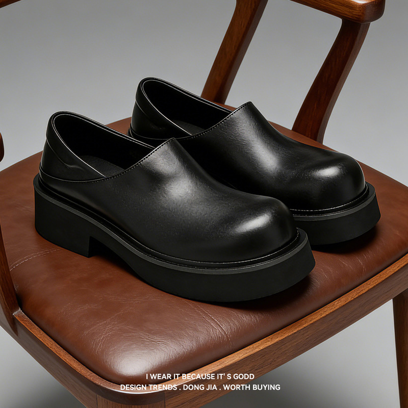 Cgdl First-Layer Cowhide Simple Round-Toe Derby Shoes for Men, Thick-Soled, Height-Increasing, Two-Way Wear, Casual Leather Shoes, Black