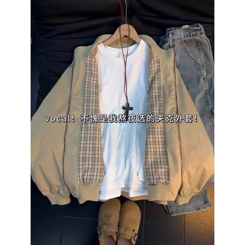 Khaki plaid patchwork Harrington jacket for men, spring and autumn American style short baseball jacket, vintage stand-up collar workwear coat Khaki plaid patchwork Harrington jacket for men, spring and autumn American style short baseball jacket, vintage stand-up collar workwear coat