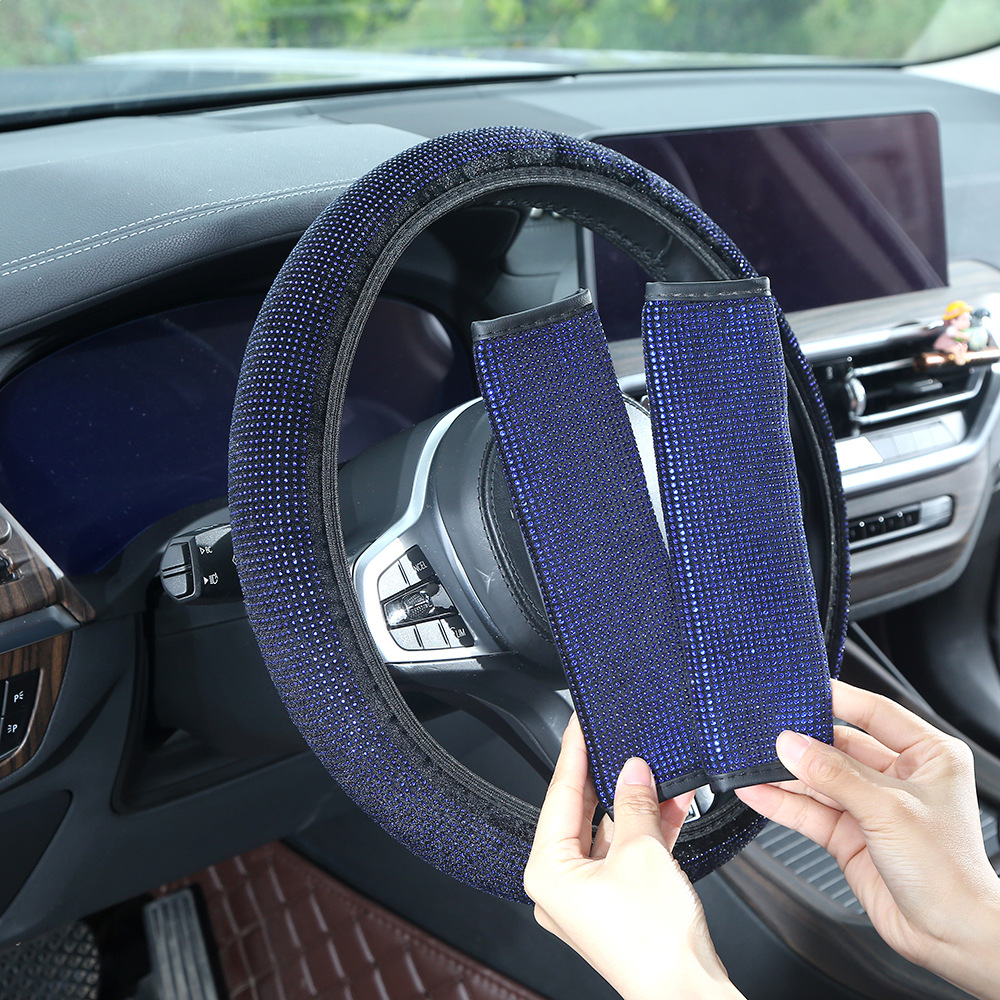 Full-diamond car steering wheel cover, dazzling rhinestone seatbelt shoulder pad, universal for all seasons, rearview mirror protective cover, wholesale