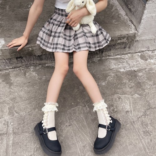 Japanese retro milky white bow hollow lace love jacquard calf socks lace short socks JK mid-calf socks