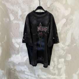 高品质重磅跨境正确巴黎B家月光铁塔倒影做旧脏染短袖T恤男女夏季