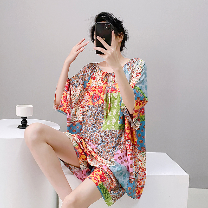 New New Chinese Style Cotton Silk Pajamas for Women Summer Thin Short-Sleeved Home Clothes Shorts Cotton Silk Suit Can Be Worn Outside
