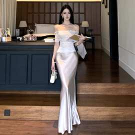 东南亚跨境外贸女装一字肩蕾丝提花上衣鱼尾半身裙生日礼服两件套