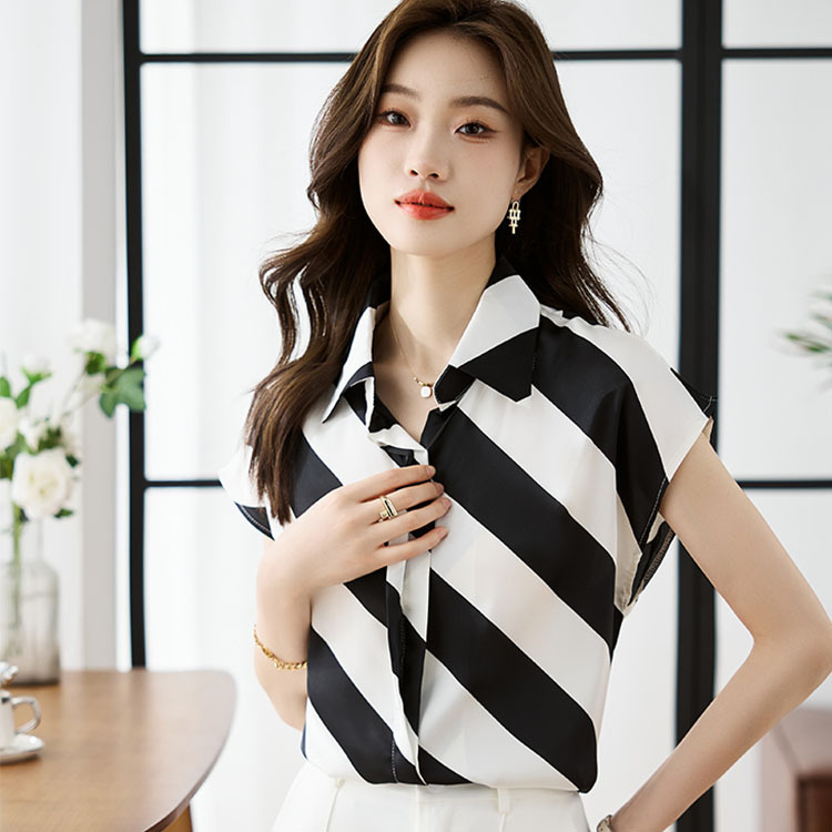 옷깃 반팔 스트라이프 쉬폰 탑 여성 2025 년 여름 새로운 패션 캐주얼 카디건 셔츠베이스 셔츠 조수