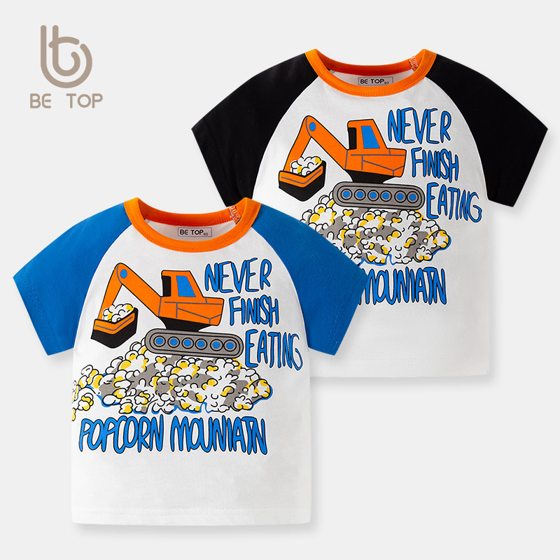 Muestras personalizadas de be top camisetas de niños nuevos niños de verano dibujos animados automóviles de color de manga de bebé de moda coreana