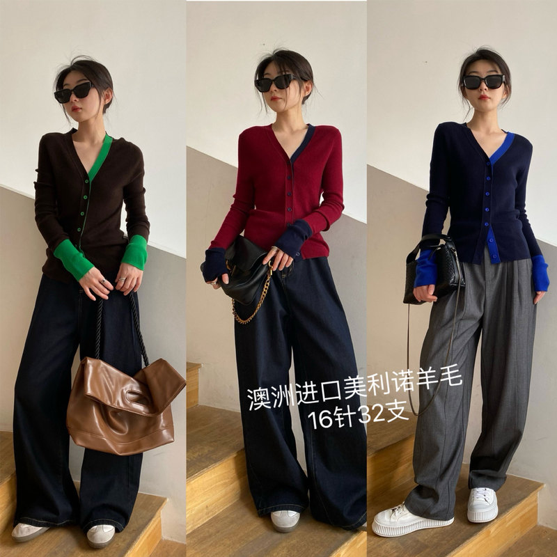 Weaving Island in stock ~ 30 Wool V-neck All-match Color Matching Sheep Wool Slimming Age-reducing Knitted Cardigan Single-breasted Sweater