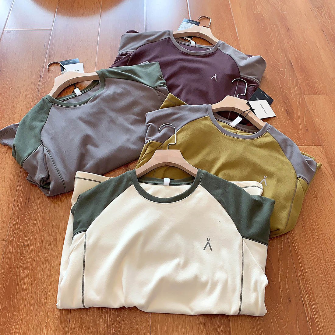 秋冬双面德绒户外运动风撞色拼接长袖T恤男女休闲打底衫情侣款