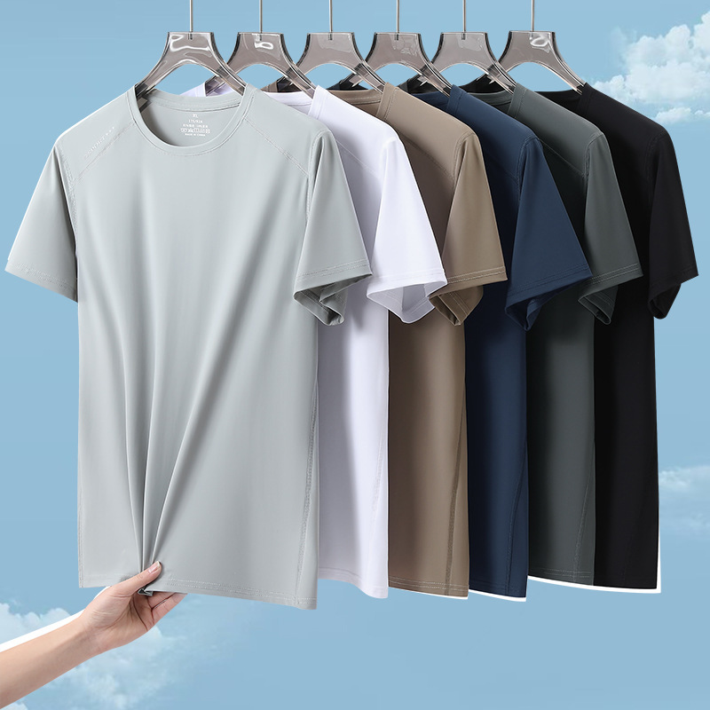 Summer Nylon Ice Silk T-Shirt for Men, High Elasticity, Quick-Drying, Four-Needle Six-Thread Short-Sleeve, Loose Fit, Large Size, Men's Half-Sleeve T-Shirt