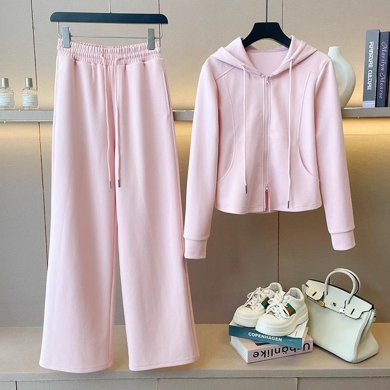 New Trendy Hooded Casual Sports Suit for Women, Spring Fashion, Age-Reducing, Loose Slimming Top and Wide-Leg Pants Two-Piece Set