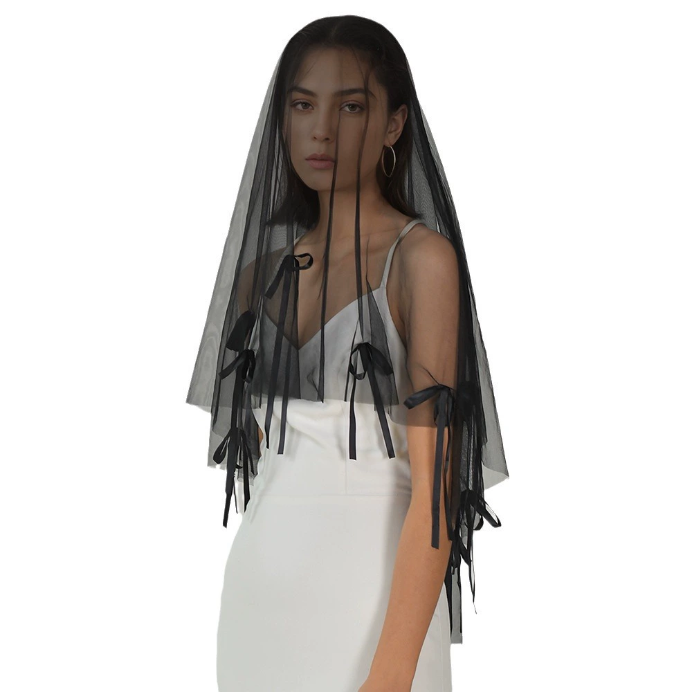 Мужское/женское? bow single layer bridal veil wedding photo style beaded black hairless comb veil M139