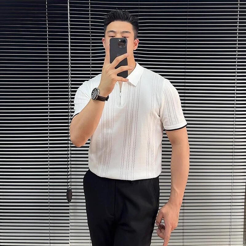 Polo camiseta de punto camiseta de manga corta hombre solapa medio cremallera hueso de pez hueco camiseta de hielo de verano fábrica transfronteriza al por mayor