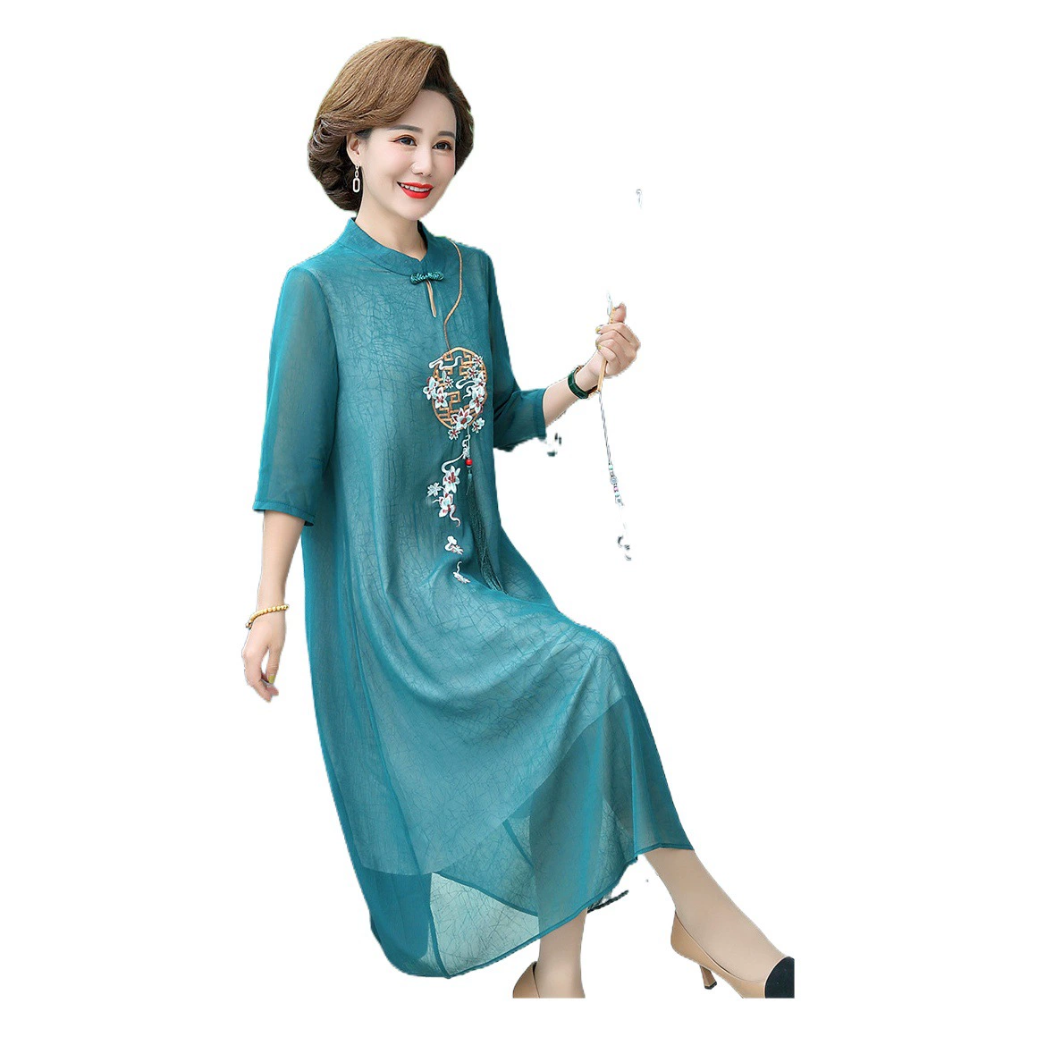2022 Новый стиль Улучшенное шифоновое платье Cheongsam Летняя одежда с вышивкой Hanfu Юбка для матери в этническом стиле для среднего и пожилого возраста