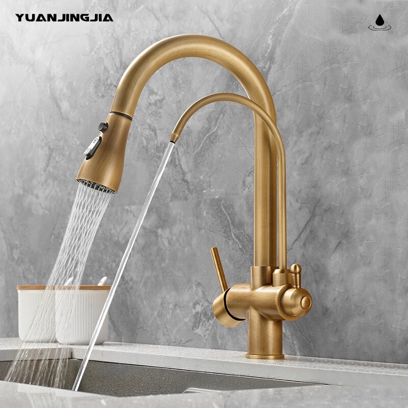 Factory Direct Sale Antique-Style Brass Three-In-One Purified Water Direct Drinking Faucet Kitchen Sink Pull-Out Faucet Hot and Cold