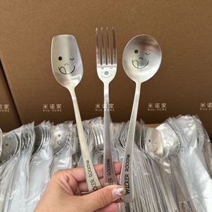 Minojia Korean version of thick 304 stainless steel smiley face long handle spoon fork square spoon round spoon creative cartoon western tableware
