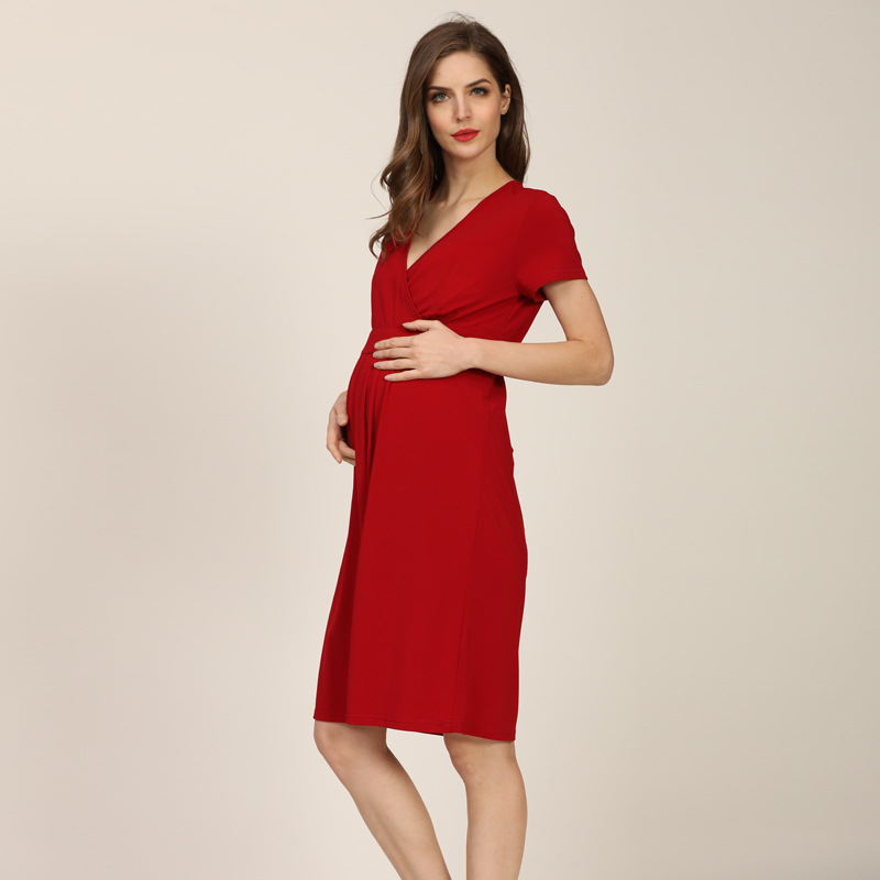 Vestido de lactancia de maternidad de manga corta de verano con cuello en V color sólido vestido de mujer embarazada vestido de talla grande vestido de maternidad suelto de moda
