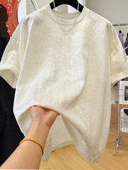 高級感独特のユニークなジャカード刺繍丸首半袖tシャツ女性の夏の気質のシャツはとてもきれいな上着が薄いです。