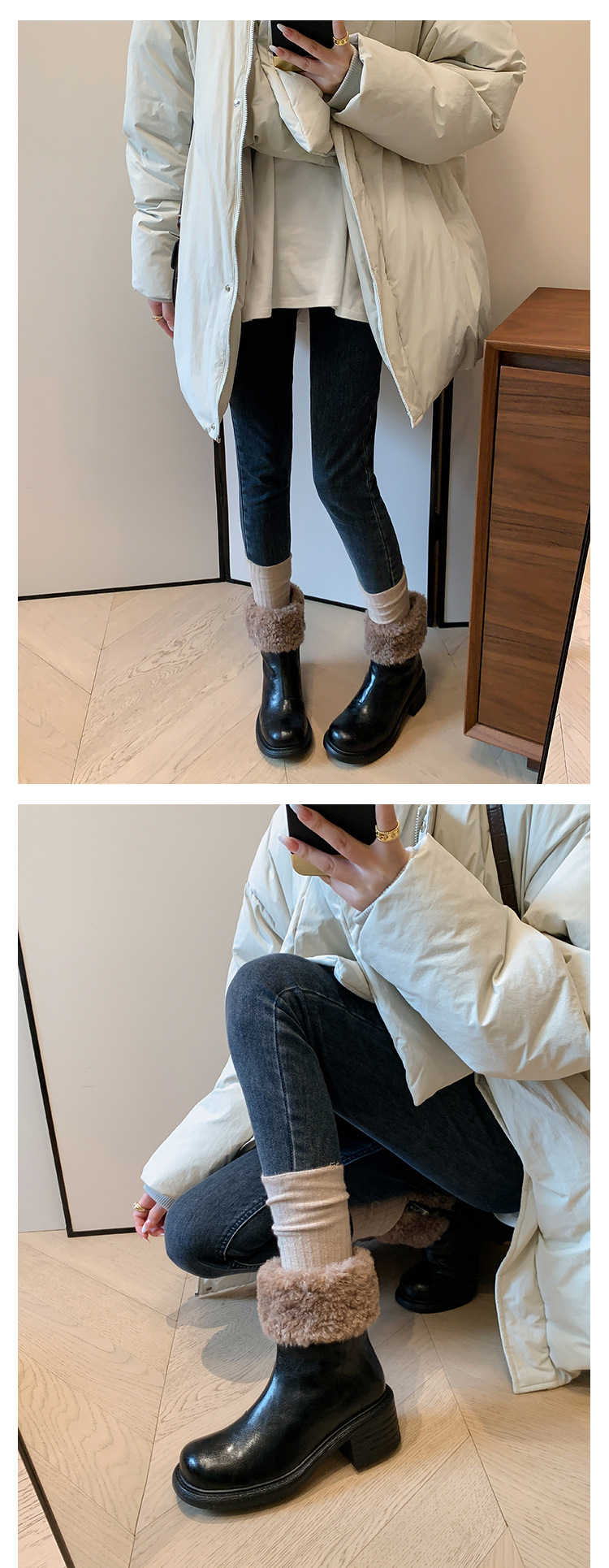 Boot nữ mũi tròn cổ ngắn lót lông giữ ấm gót cao — màu đen chi tiết 17
