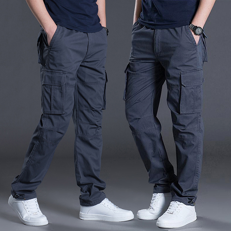 Spring, Autumn, and Summer Casual Pants for Men, Straight-Leg, Large Size, Workwear Long Pants, Multi-Pocket Cargo Pants, Pure Cotton Outdoor Workwear