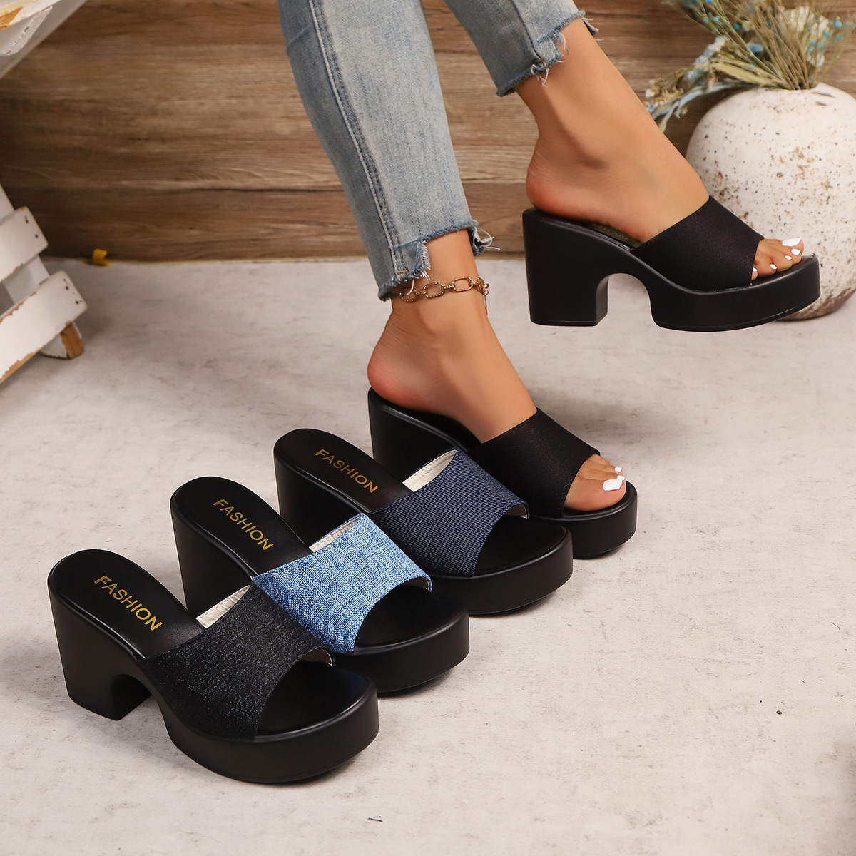Summer Export High-Heeled Slippers, Feminine Denim 2025 New Large Size Thick-Heeled Sandals Wish43 Size