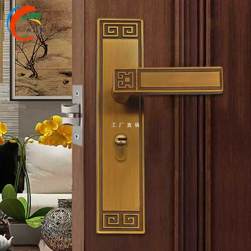 ✅ Новый бесшумный дверной замок в китайском стиле с одним язычком для спальни, дверной замок из цельного дерева, желтый, красный, бронзовый, комплект дверных замков
