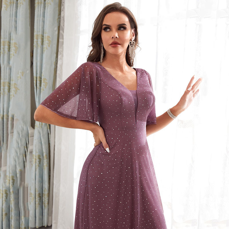 European and American Plus Size Plus Fat Girl Evening Dress V Neck Lotus Leaf Sleeve Bridesmaid Performance Evening Dress