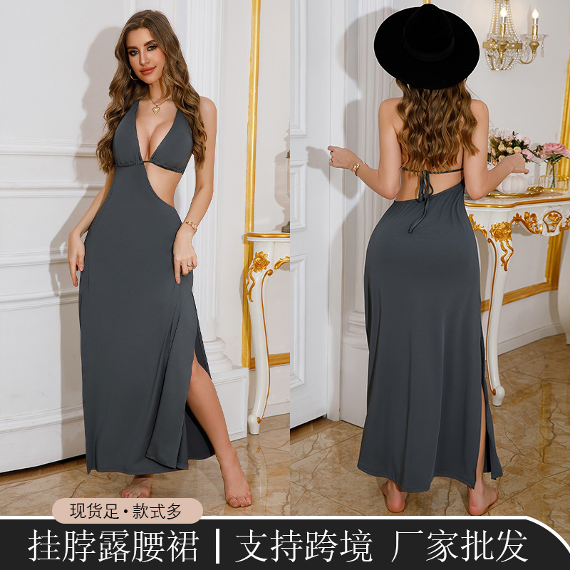 Cross-Border Popular European and American Export Women's Skirts Sexy Dresses French High-End Deep V Lace-Up Dress Elegant
