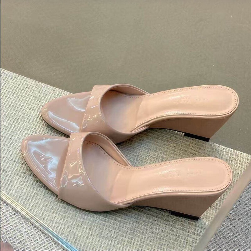 In-Stock Dropshipping~ Minimalist Style Wedge Sandals for Women, Versatile Square-Toe Patent Leather Slip-On High Heels for Outdoor Wear