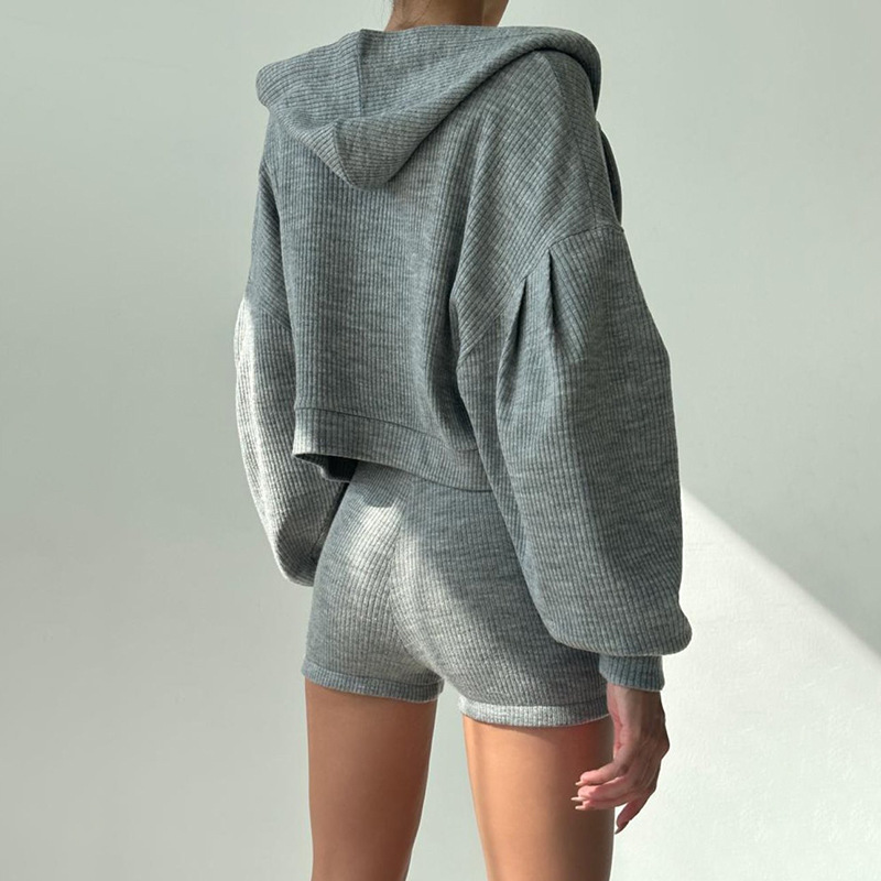 European And American Style Sports Suit Basic Solid Color Hooded Loose Zipper Jacket Small Vest + Shorts Casual_ecoleips.com