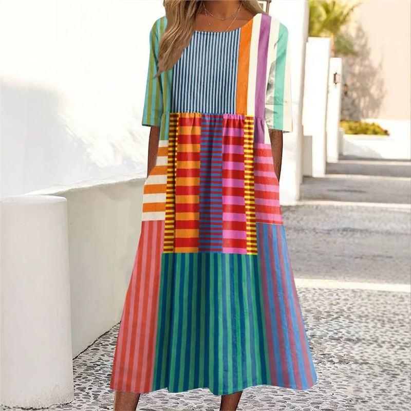 Amazon Cross-Border New Style Color-Block Striped Patchwork Dress, Loose A-Line, Mid-Sleeve, Y2 Amazon Cross-Border New Style Color-Block Striped Patchwork Dress, Loose A-Line, Mid-Sleeve, Y2