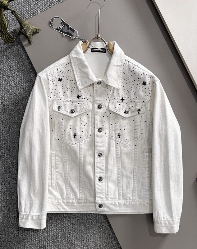 High-End Men's White Denim Short Jacket with Starry Rhinestones and Cross Design, Sanskrit Style, Unisex Couple's Jacket