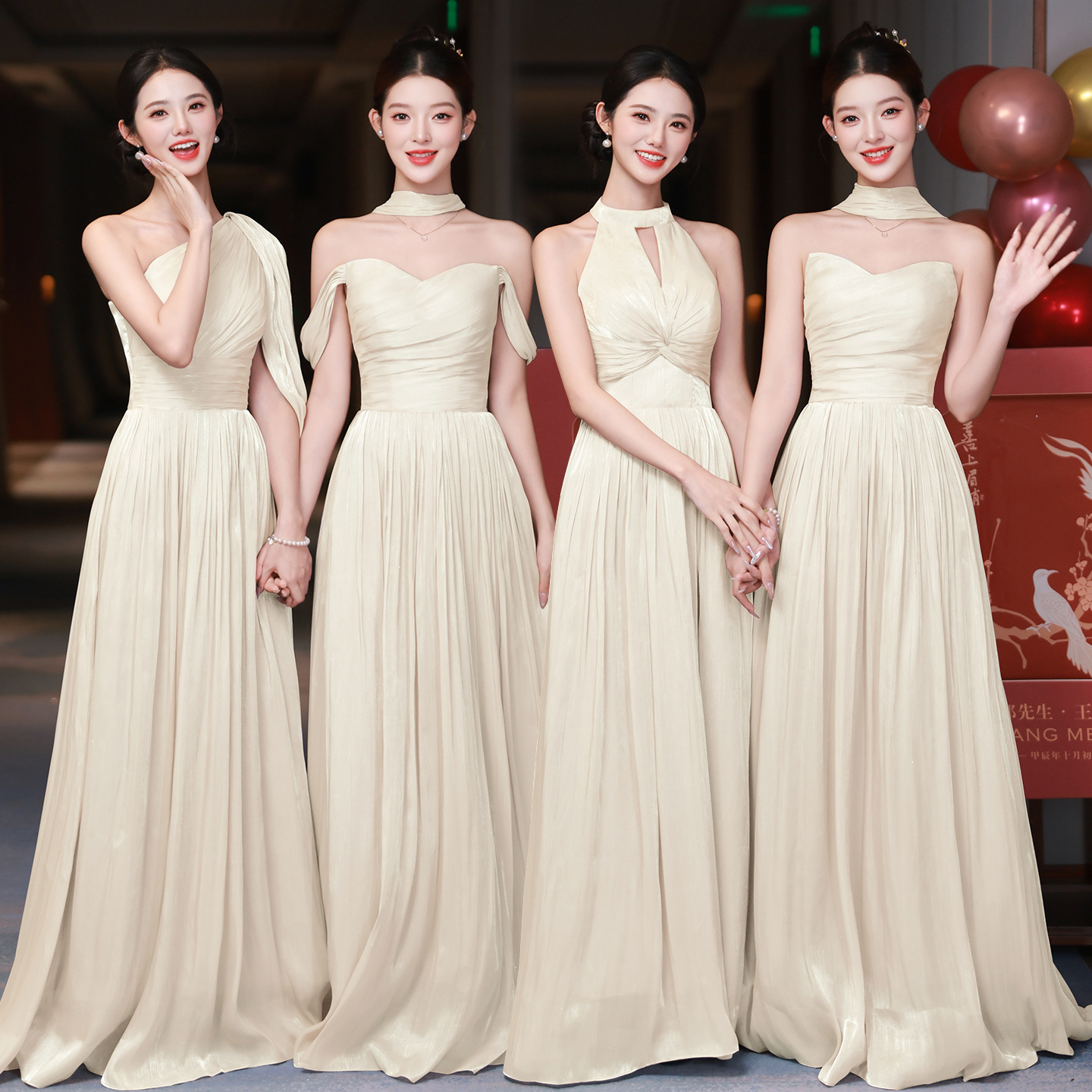 Cross-Border European and American Foreign Trade Bridesmaid Dress 2026 New Style with Asymmetrical Shoulder, Slit Sleeves, Pleated Waist, A-Line Style Sister Group Dress