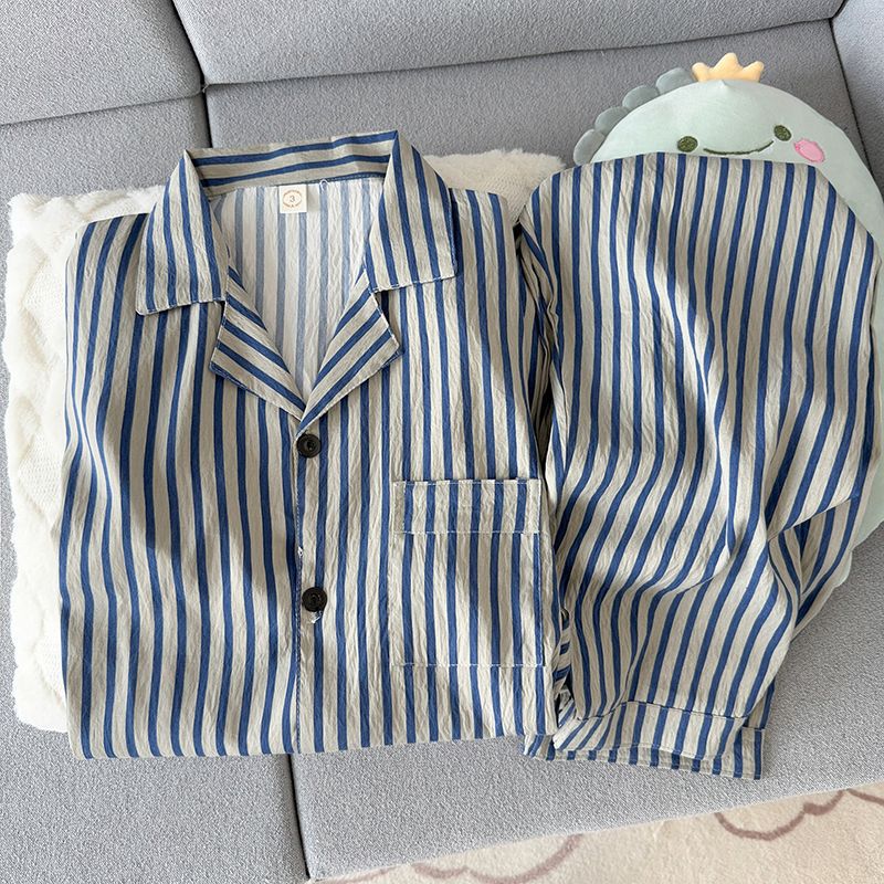 Verano hombre nube algodón corto y largo dos piezas conjunto de pijamas de moda simple con tapa cardigan ropa de hogar se puede usar fuera delgada