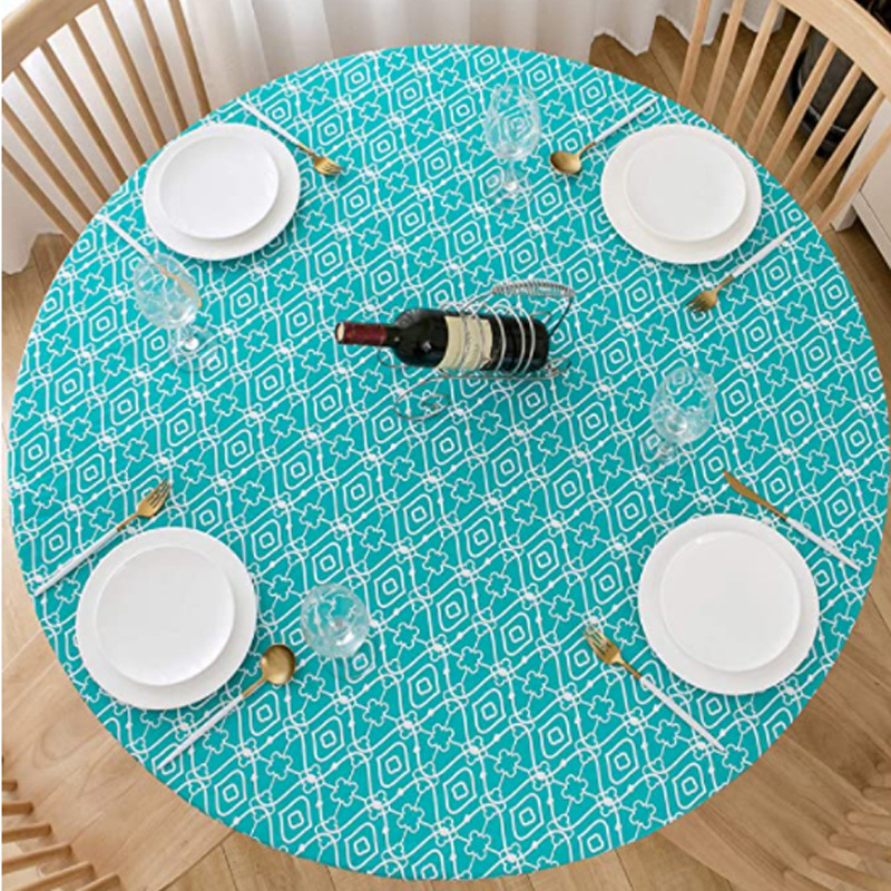 Mantel redondo de PVC transfronterizo impermeable y a prueba de aceite forrado de vellón grueso transparente impreso mantel de plástico banda elástica mantel de grano de madera