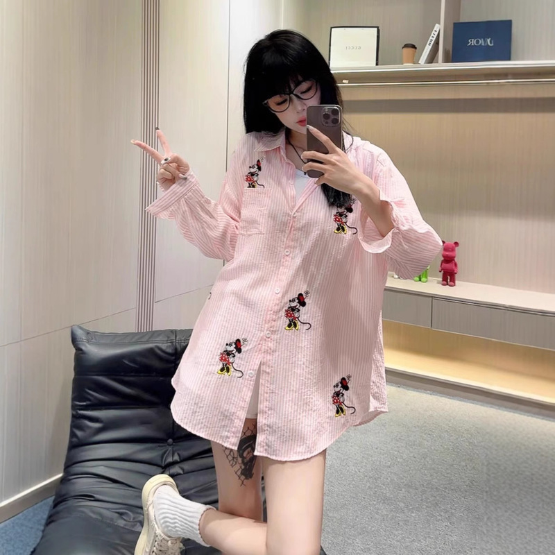 2025 Tencel Cotton Stripesd Embroider Mickey Medium Long Large Size Shirt Cartoon Embroider Stripesd Shirt Long Sleeve Women